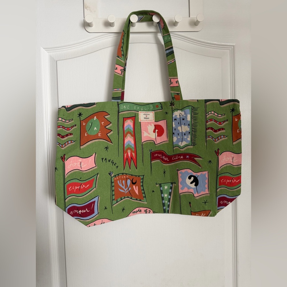 Brand New Sezane x Pangea Green Flag-Print Canvas Tote